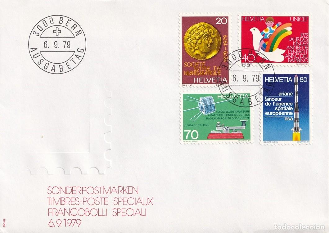 Sellos: FDC Suiza 1979 Helvetia - Centenario Sociedad Numism&aacute;tica - A&ntilde;o Internacional del ni&ntilde;o - Radioaficio