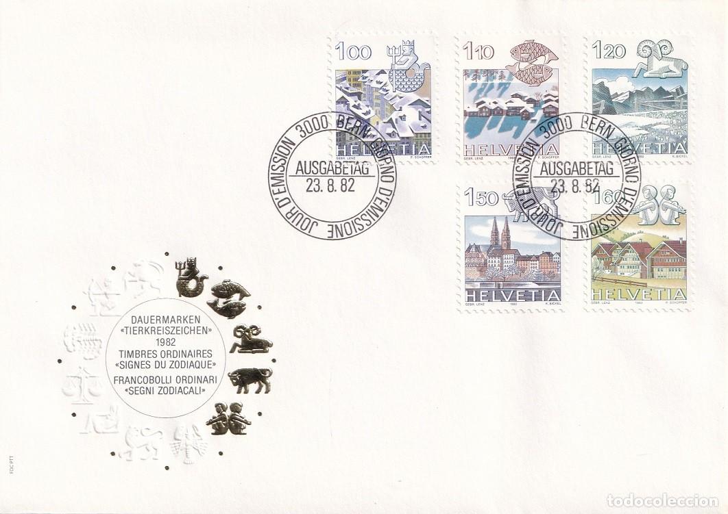 Sellos: FDC Suiza 1982 Helvetia - Zodiaco Ciudades - Acuario Berna - Piscis Nax - Aries Graustock - Tauro Ba