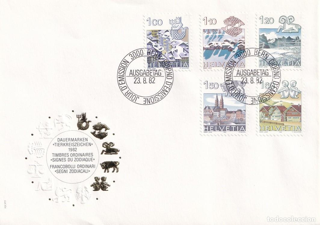 Sellos: FDC Suiza 1982 Helvetia - Zodiaco Ciudades - Acuario Berna - Piscis Nax - Aries Graustock - Tauro Ba