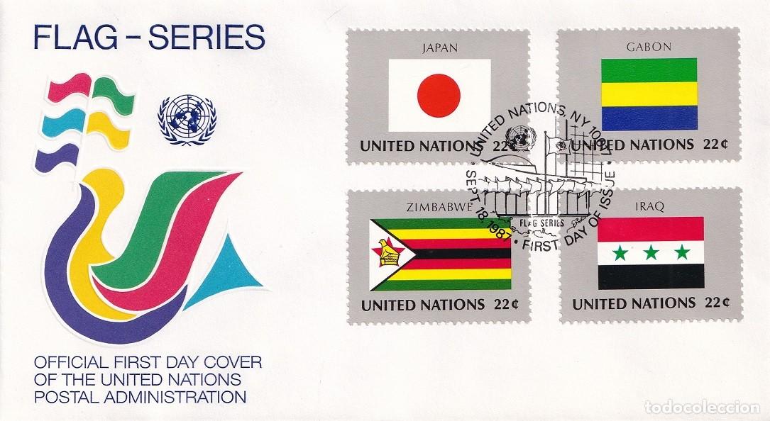 Sellos: FDC Naciones Unidas 1987 - Banderas &middot; Jap&oacute;n &middot; Gab&oacute;n &middot; Zimbabwe &middot; Irak / Flag Series - Matasellos
