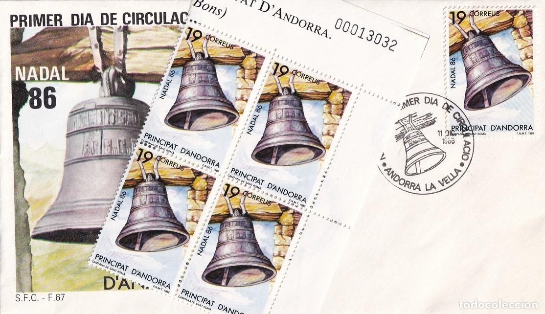 Sellos: FDC Principat d' Andorra 1986 - Nadal Navidad - Campana de Sant Rom&aacute; - Andorra la Vella + Sellos