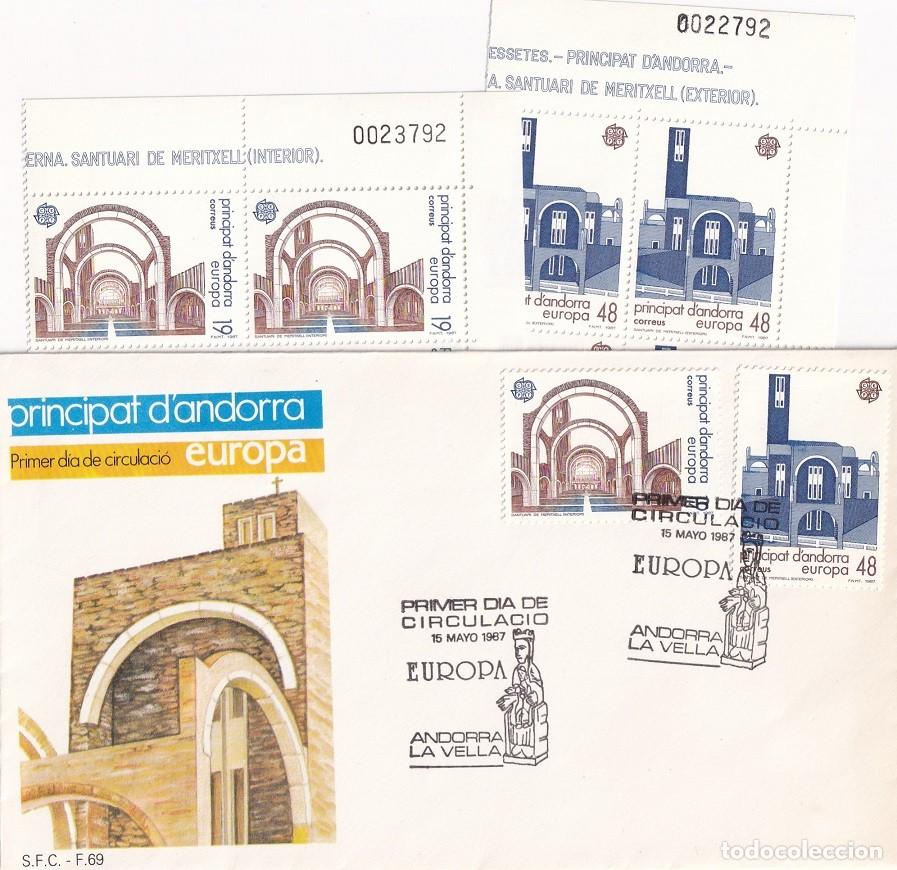 Sellos: FDC Andorra la Vella 1987 - Europa - Arquitectura - Santuario de Mertxell - Vista exterior + Sellos