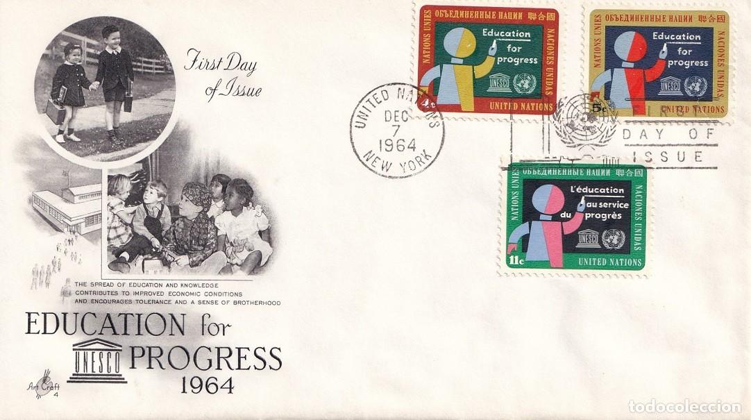 Sellos: FDC Naciones Unidas Nueva York 1964 - Educaci&oacute;n - Education for progress - Primer d&iacute;a