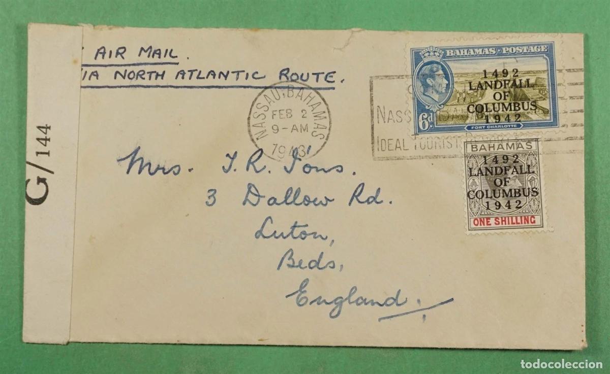 Sellos: BAHAMAS A INGLATERRA 1943 SELLO LLEGADA COLON COLUMBUS CON CENSURA