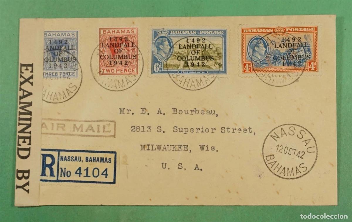 Sellos: BAHAMAS A USA 1942 CERTIFICADA SELLO LLEGADA COLON COLUMBUS CON CENSURA