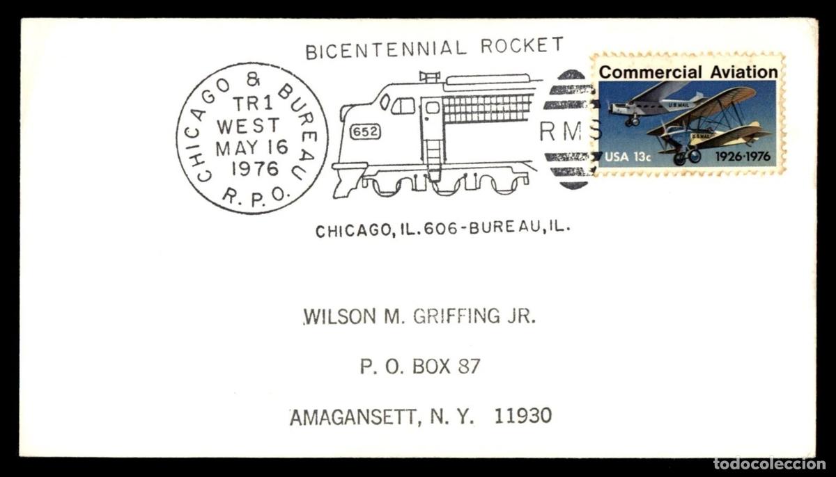 Sellos: ESTADOS UNIDOS USA BIDENTENNIAL ROCKET FERROCARRIL RAILWAY CHICAGO RPO AMBULANTE 1976