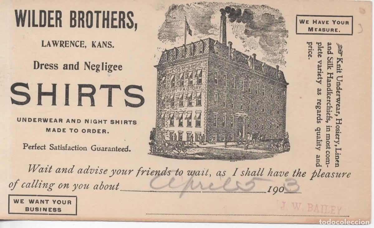 Sellos: ESTADOS UNIDOS ENTERO POSTAL 1903 WILDER BROTHERS SHIRTS MODA TEXTIL FASHION