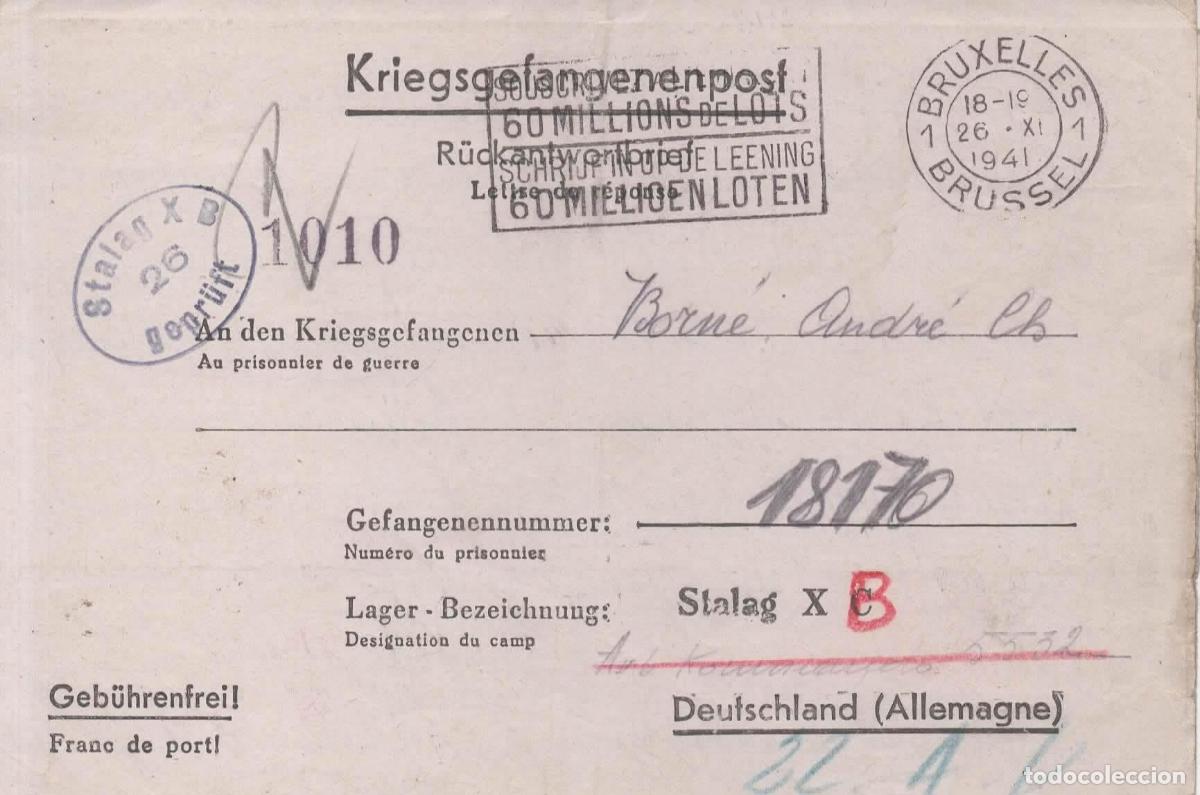 Sellos: BELGICA BRUXELLES 1941 POW PRISIONEROS DE GUERRA A STALAG XB CON CENSURA