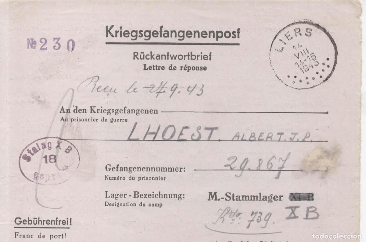 Sellos: BELGICA LIERS 1943 POW PRISIONEROS DE GUERRA A STALAG XB CON CENSURA