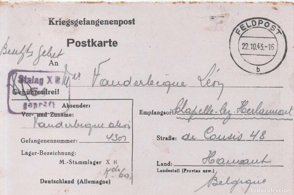 Sellos: ALEMANIA A BELGICA CHAPELLE LEZ HEIRLAMONT 1943 POW PRISIONEROS DE GUERRA DEL STALAG XB CON CENSURA