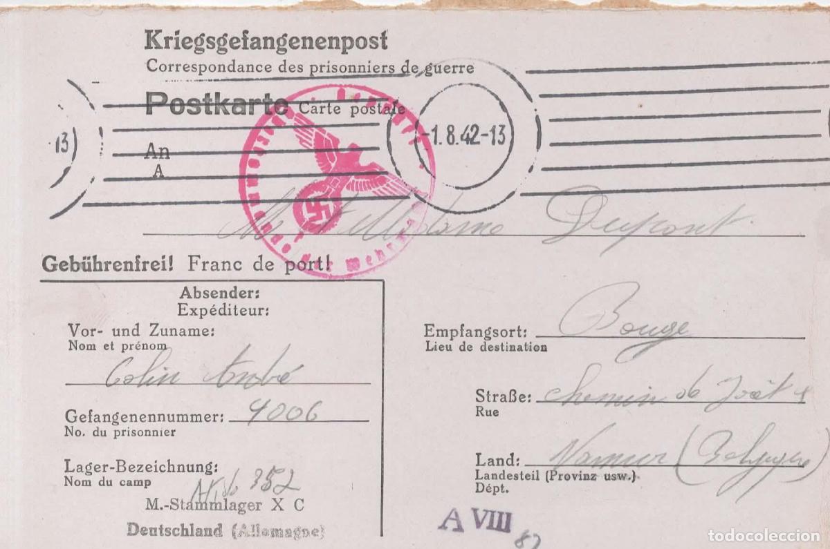 Sellos: ALEMANIA A BELGICA NAMUR BOUGE 1942 POW PRISIONEROS DE GUERRA A STALAG XC CON CENSURA