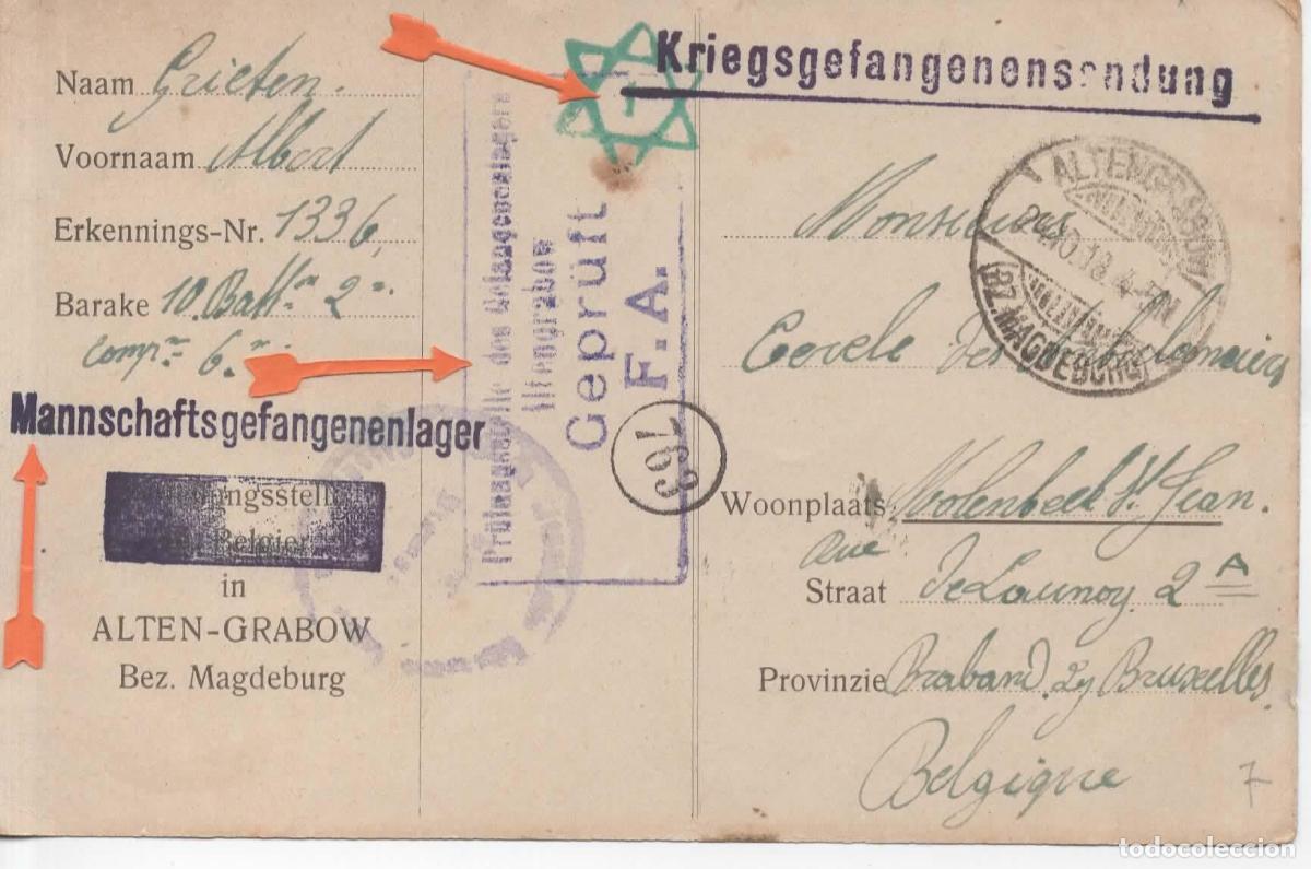 Sellos: ALEMANIA 1918 ALTEN GRABOW POW PRISIONEROS DE GUERRA CON CENSURA A BELGICA