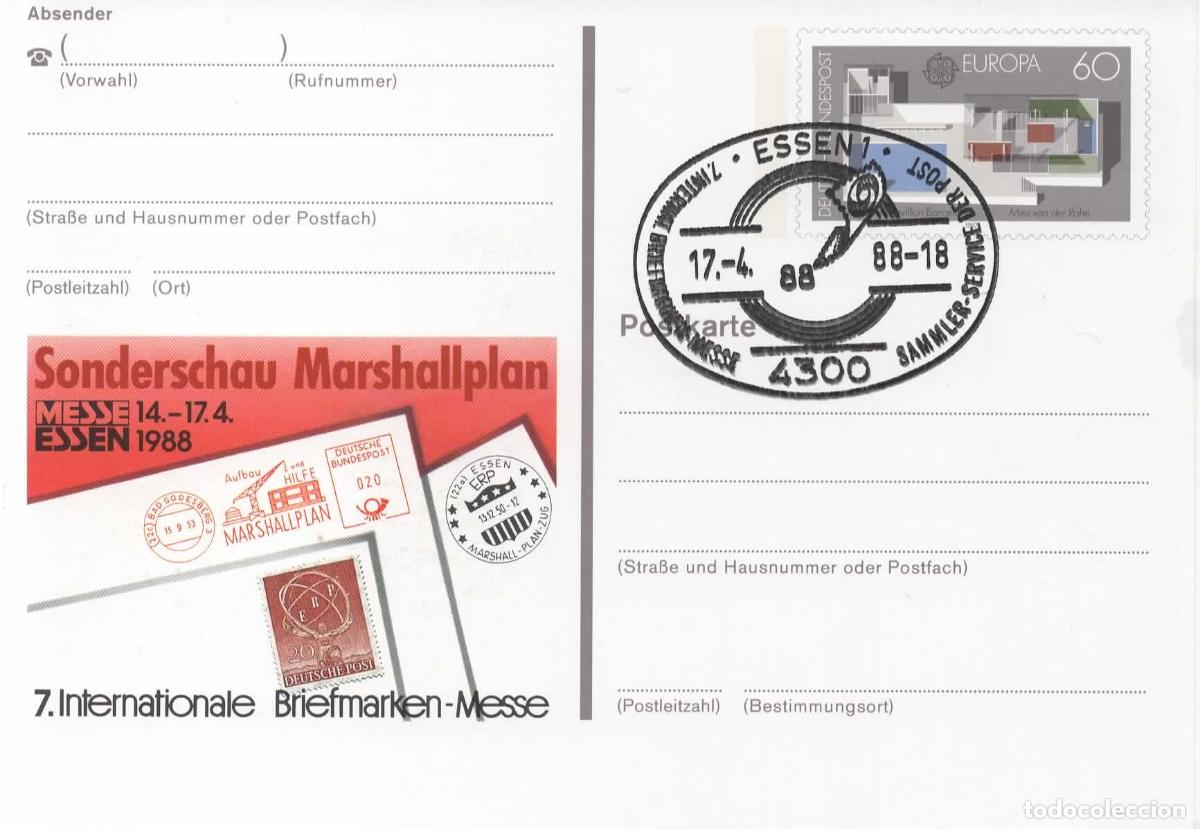 Sellos: ALEMANIA ENTERO POSTAL ESSEN BRIEFMARKEN MESSE 1988 EUROPA PLAN MARSHALL