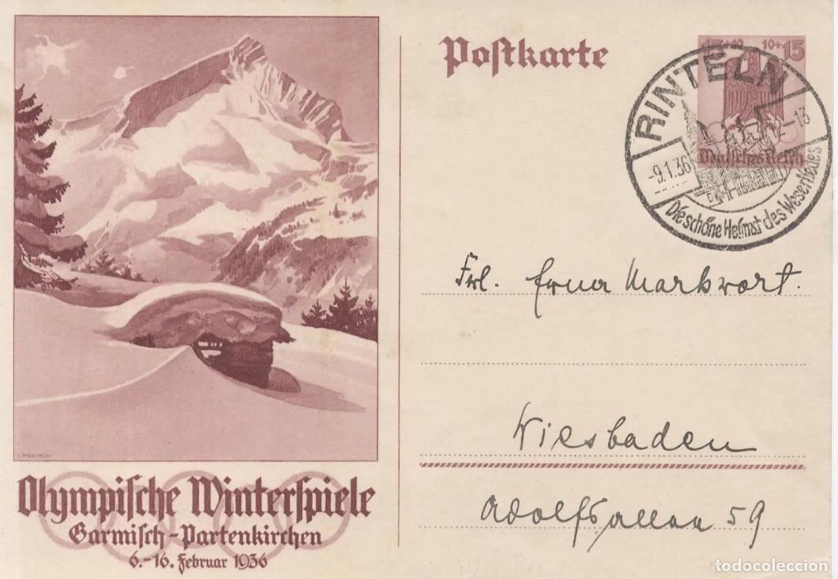Sellos: ALEMANIA 3 REICH ENTERO POSTAL JUEGOS OLIMPICOS DE INVIERNO GARMISCH PARTENKIRCHEN MAT RINTELN 1936