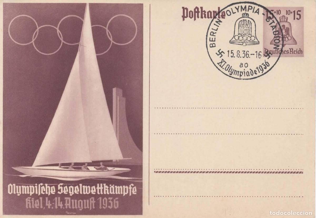 Sellos: ALEMANIA 3 REICH ENTERO POSTAL VELA JUEGOS OLIMPICOS DE BERLIN 1936 MAT OLYMPIA STADION