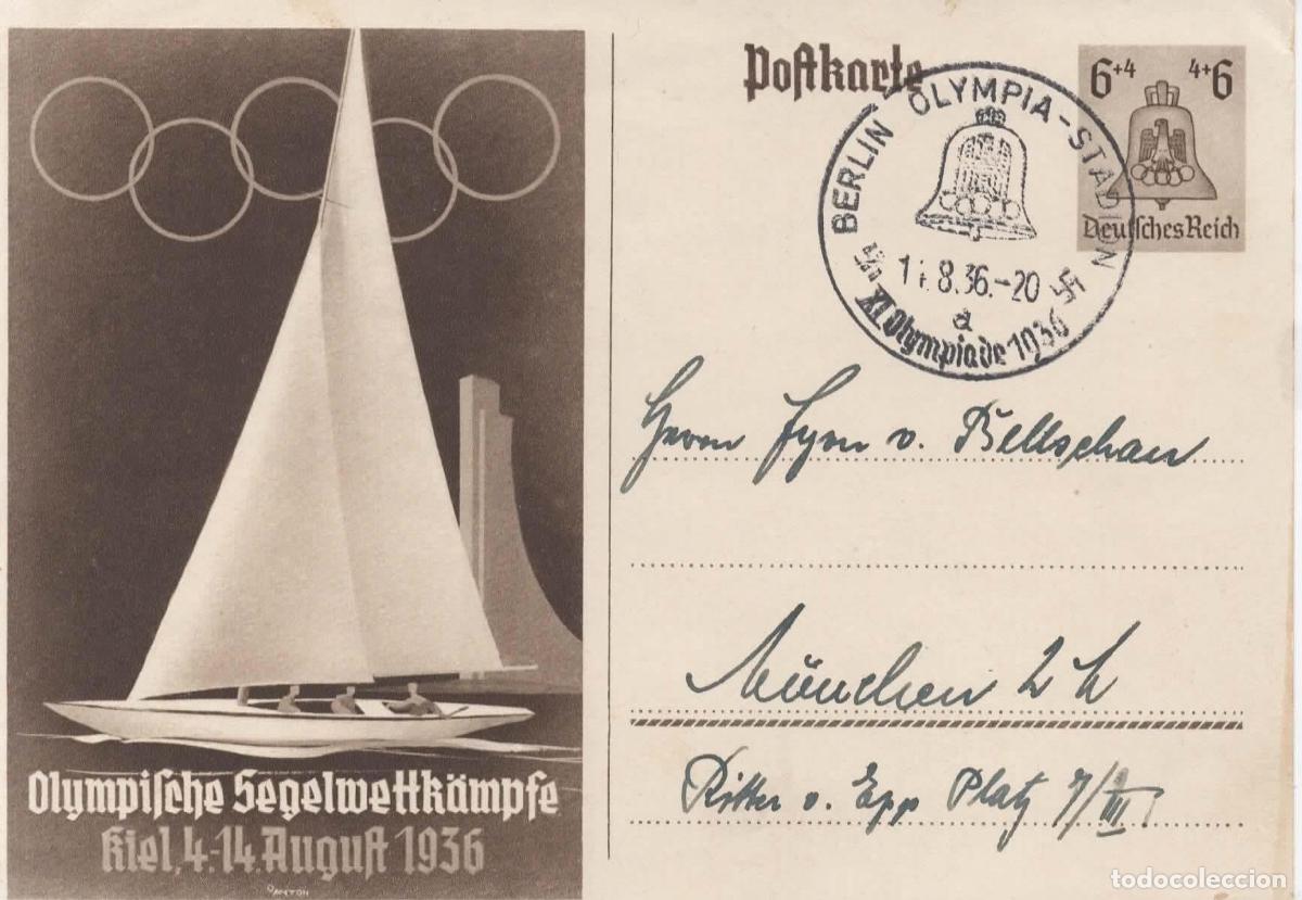 Sellos: ALEMANIA 3 REICH ENTERO POSTAL VELA JUEGOS OLIMPICOS DE BERLIN 1936 MAT OLYMPIA STADION