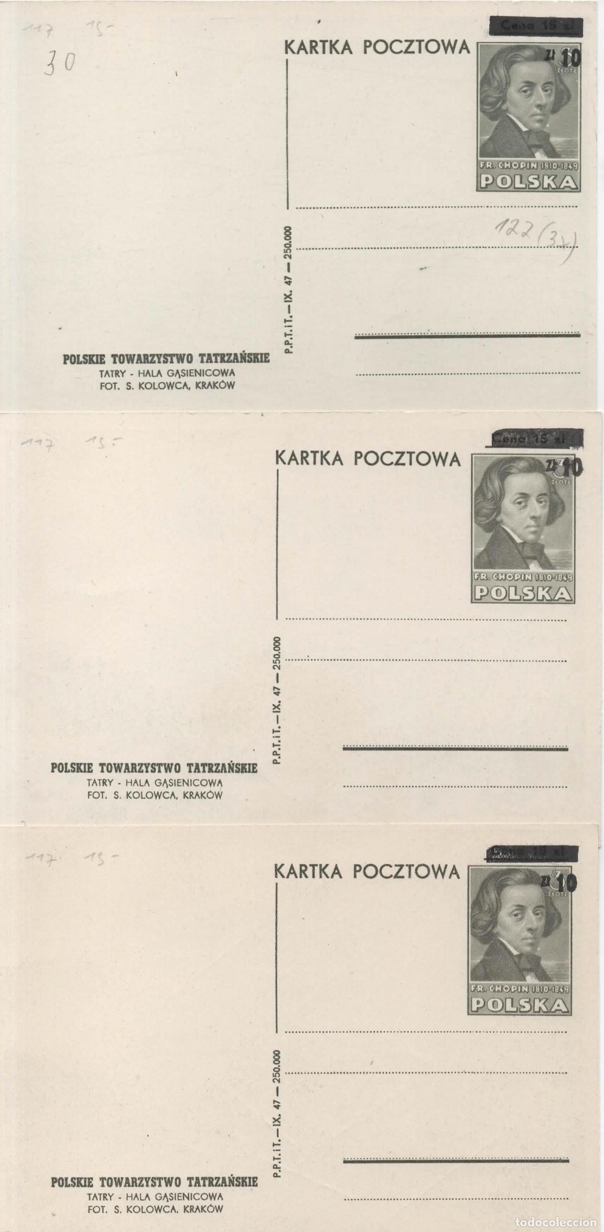 Sellos: POLONIA 3 ENTEROS POSTALES CHOPIN MUSICA 1947 3 VARIEDADES DE COLOR POLSKIE TOWARZYSTWO TATRZANSKIE