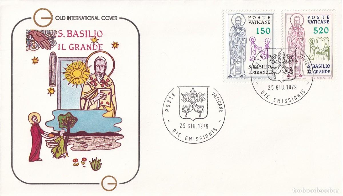 Sellos: FDC Vaticano 1979 - XVI Centenario San Basilio el Grande - Sobre Primer D&iacute;a Ilustrado - Gold Interna