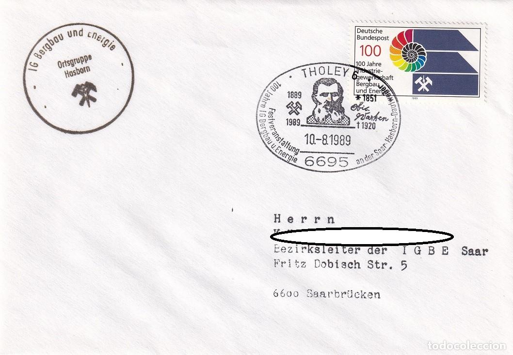 Timbres: Sobre Alemania RFA 1989 - Centenario Sindicato Miner&iacute;a IGBE - Matasellos Nikolaus Warken - Sarre