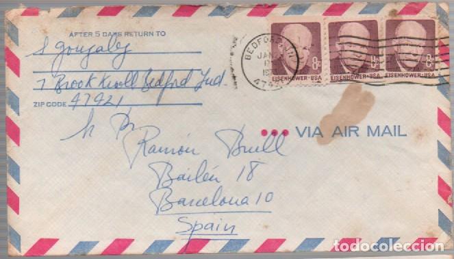 Sellos: ESTADOS UNIDOS IVERT N&ordm; 922, EL PRESIDENTE EISENHOWER, SOBRE CIRCULADO CON TIRA DE TRES