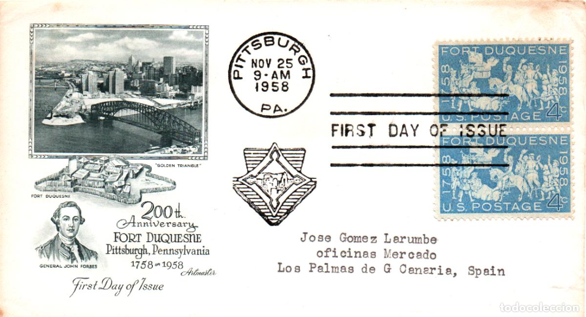 Sellos: Estados Unidos Ivert n&ordm; 656, II Cent&ordm; conquista de Fort Duquesne. primer dia 25-11-1958 SELLO PAREJA