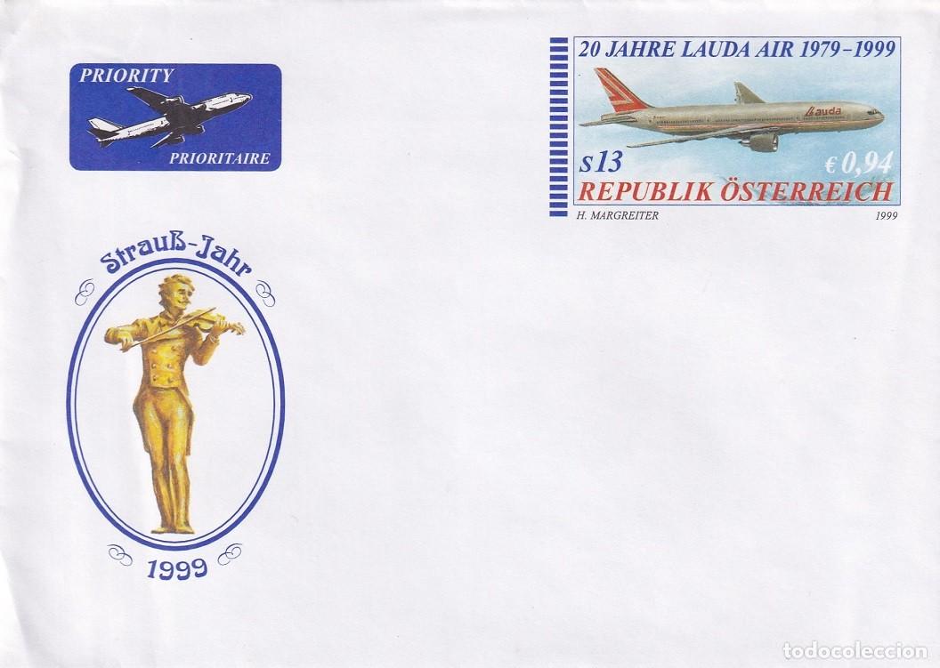 Stamps: Sobre entero postal Austria 1999 A&eacute;reo - El A&ntilde;o de Johann Strauss - 20 Aniversario Lauda Air aerol&iacute;n
