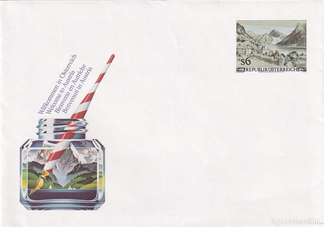 Timbres: Sobre entero postal Austria 1983 con errata - Bienvenido a Austria - Tintero, pluma y paisaje alpino
