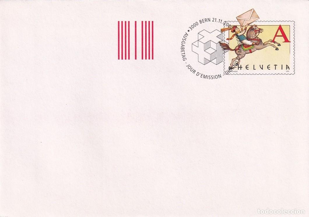 Sellos: Sobre entero postal Suiza 2000 A Prioritario - D&iacute;a del sello - Cartero a caballo con carta - Berna