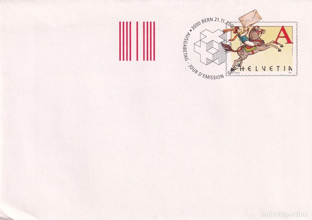 Sellos: Sobre entero postal Suiza 2000 A Prioritario - D&iacute;a del sello - Cartero a caballo con carta - Berna