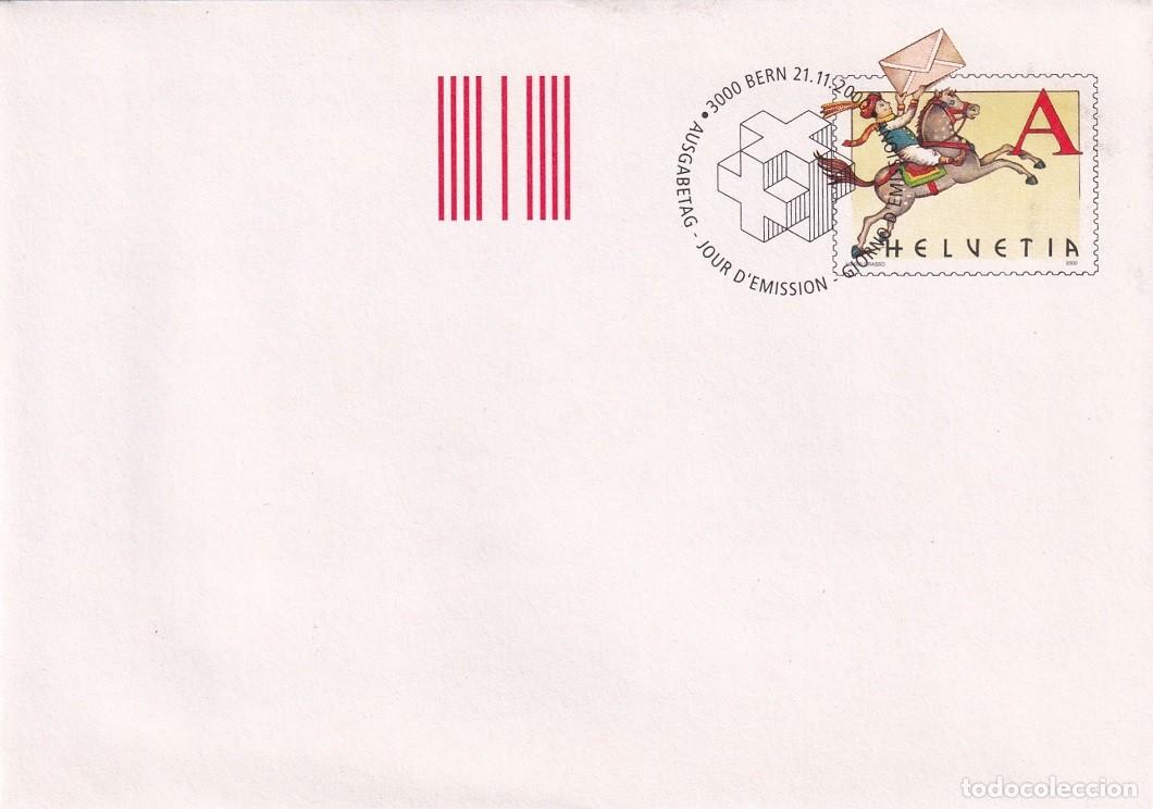 Sellos: Sobre entero postal Suiza 2000 A Prioritario - D&iacute;a del sello - Cartero a caballo con carta - Berna