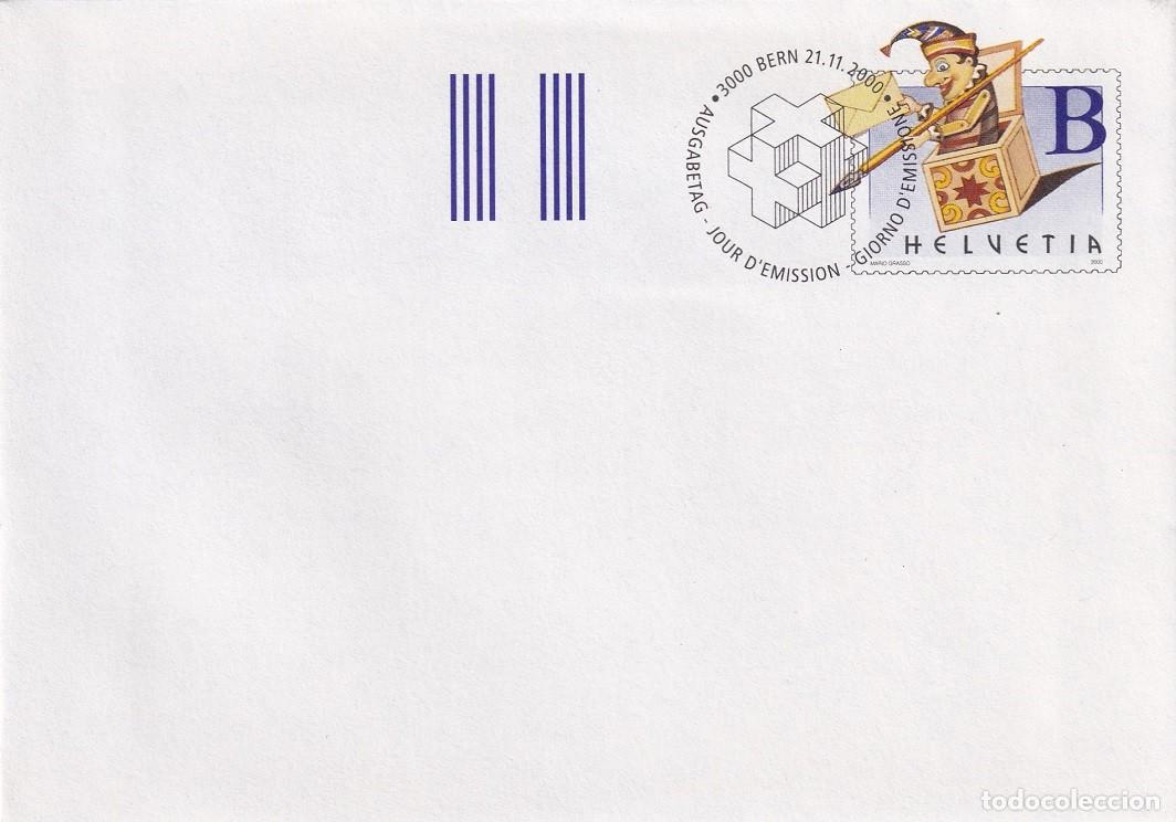 Sellos: Sobre entero postal Suiza 2000 B Ordinario - D&iacute;a del sello - Buf&oacute;n y caja sorpresas postal - Berna