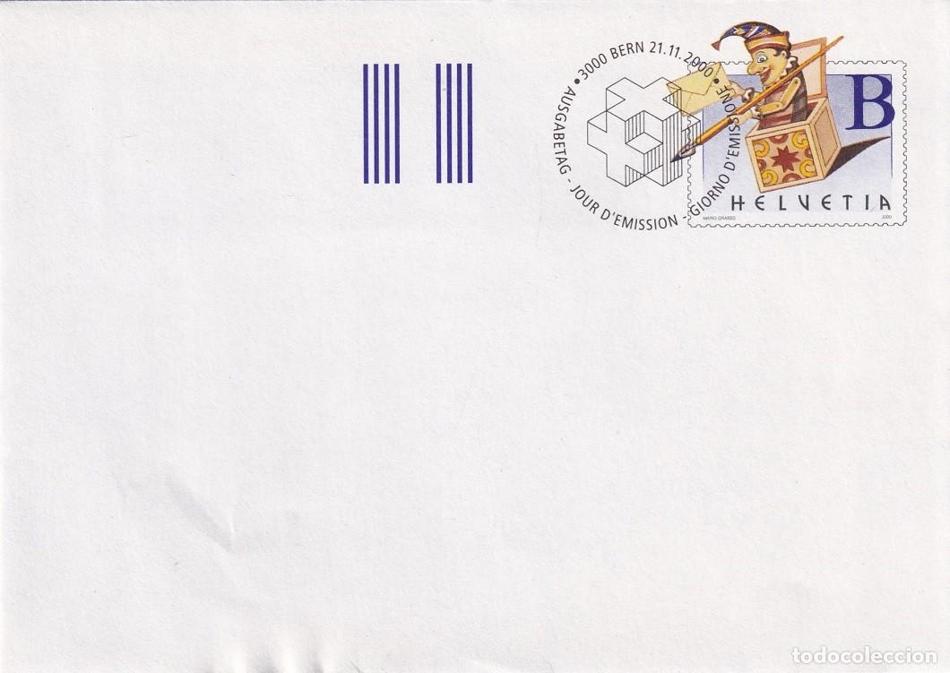 Sellos: Sobre entero postal Suiza 2000 B Ordinario - D&iacute;a del sello - Buf&oacute;n y caja sorpresas postal - Berna