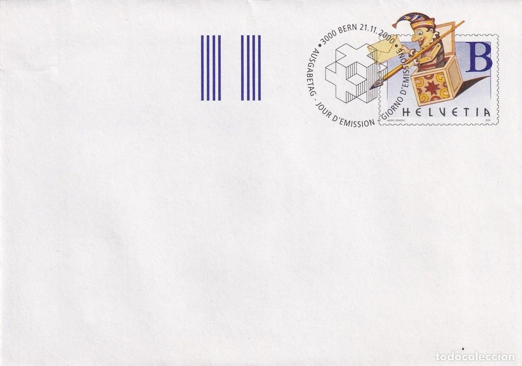 Sellos: Sobre entero postal Suiza 2000 B Ordinario - D&iacute;a del sello - Buf&oacute;n y caja sorpresas postal - Berna