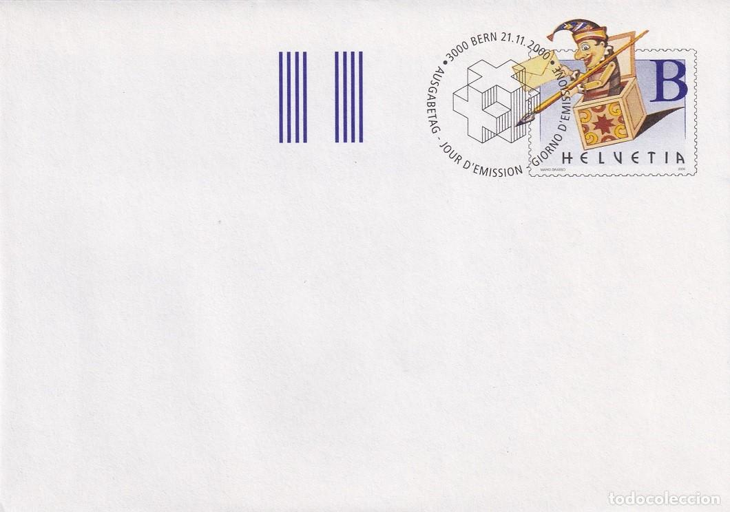 Sellos: Sobre entero postal Suiza 2000 B Ordinario - D&iacute;a del sello - Buf&oacute;n y caja sorpresas postal - Berna