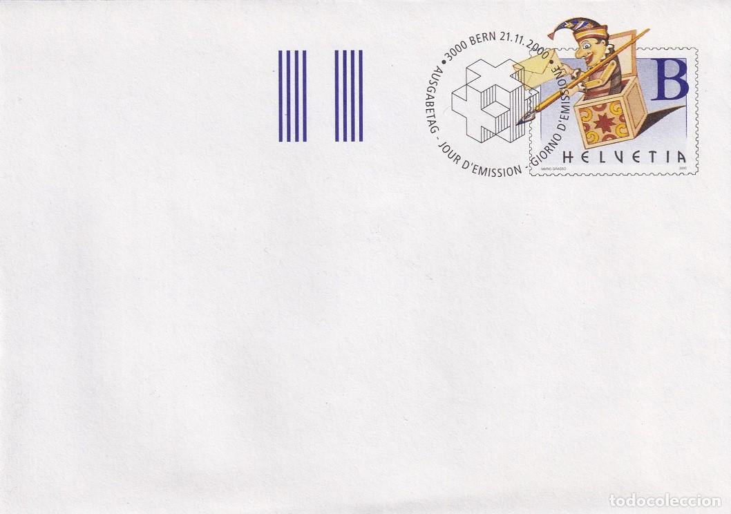 Stamps: Sobre entero postal Suiza 2000 B Ordinario - D&iacute;a del sello - Buf&oacute;n y caja sorpresas postal - Berna