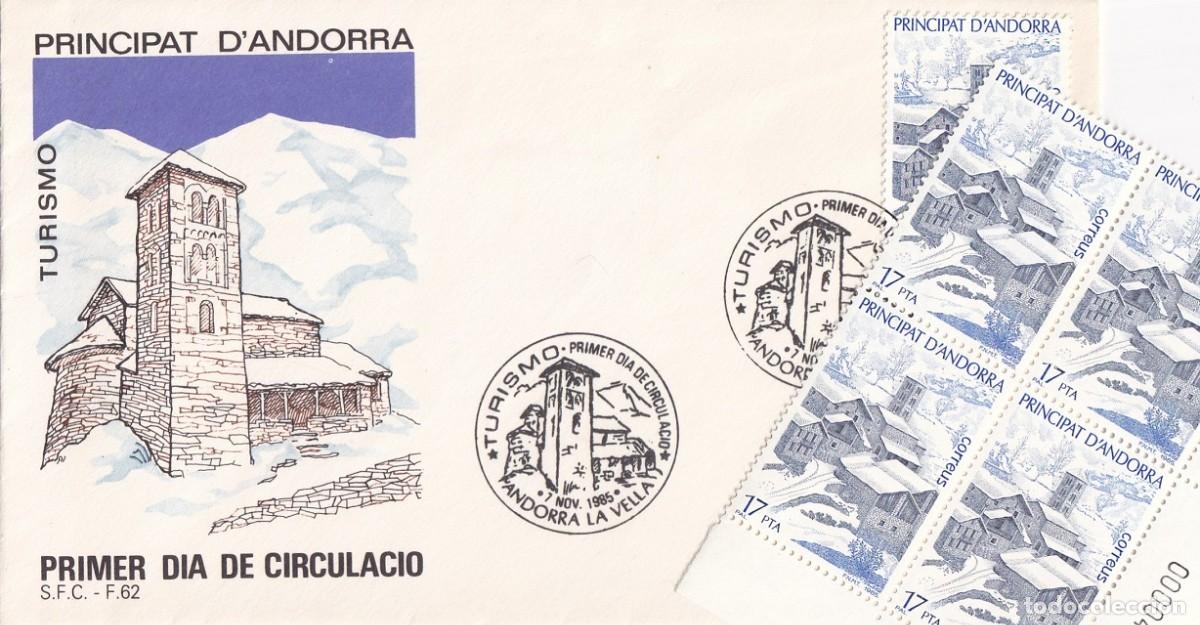 Sellos: FDC 1985 Andorra la Vella + Sellos - Turismo - Vista de Pal - Principat d'Andorra - Primer dia