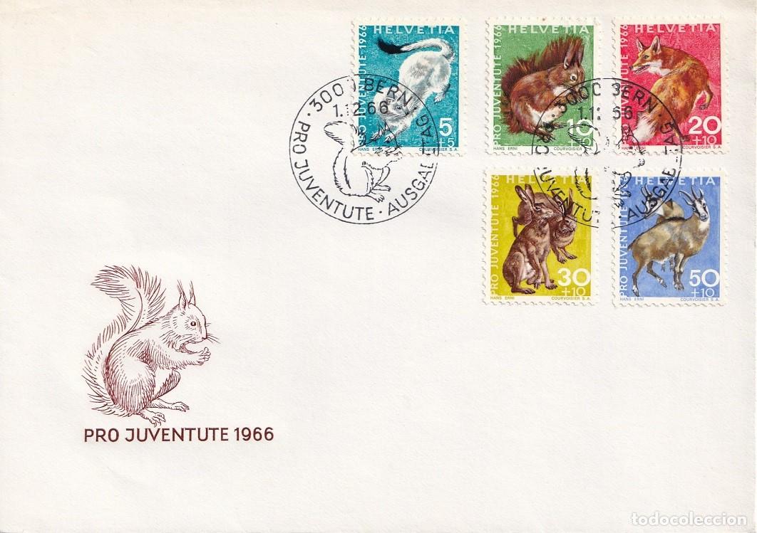 Sellos: Sobre Suiza Helvetia 1966 - Pro juventute - Serie completa - Comadreja ardilla zorro liebres corzos