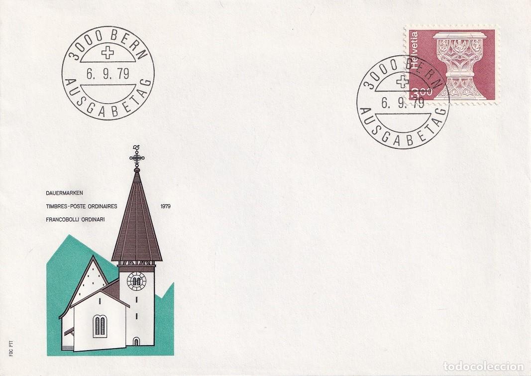 Sellos: FDC Suiza Helvetia 1979 - Pila bautismal Iglesia de San Mauricio de Saanen - Primer d&iacute;a