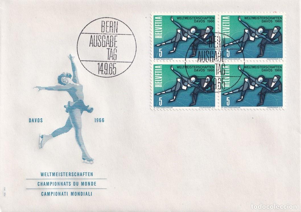 Sellos: FDC Suiza Helvetia 1965 - Campeonato mundial de patinaje art&iacute;stico Davos 66 - En bloque de 4