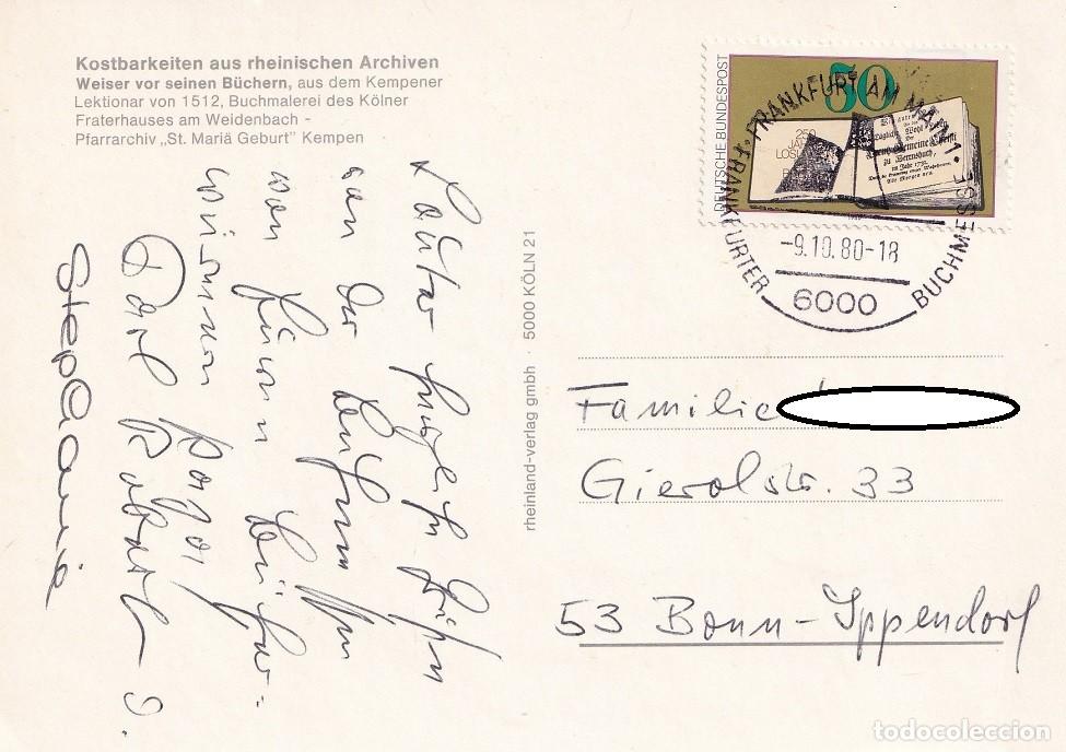 Sellos: Postal Alemania circulada 1980 - Feria del libro de Frankfurt - Tesoros de los archivos de Renania S