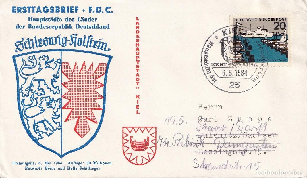 Stamps: FDC Alemania 1964 - Capitales - Kiel, capital del estado federado de Schleswig-Holstein - Escudo
