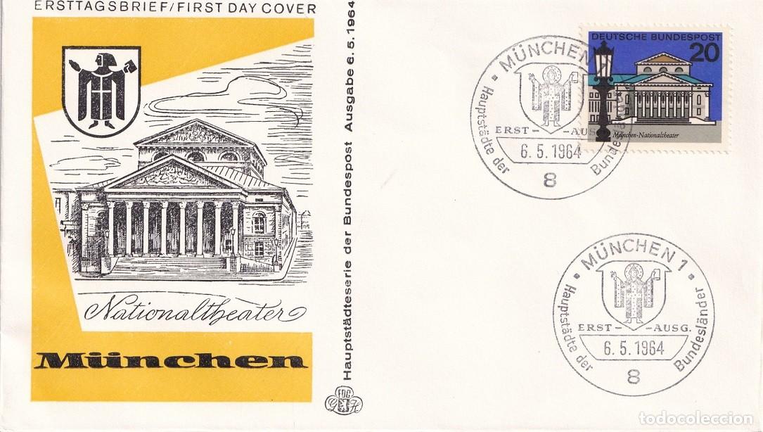 Stamps: FDC Alemania 1964 - Capitales - Teatro Nacional de M&uacute;nich - M&uuml;nchen - Primer d&iacute;a - Matasellos