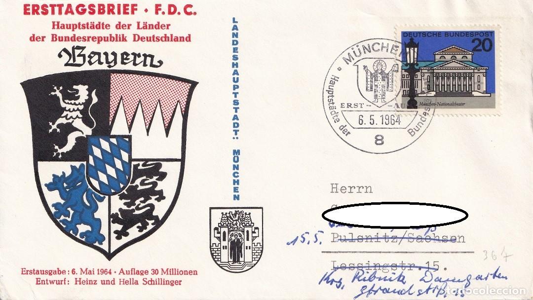 Stamps: FDC Alemania 1964 - Capitales - M&uacute;nich , capital del estado federado de Baviera Bayern - Escudo