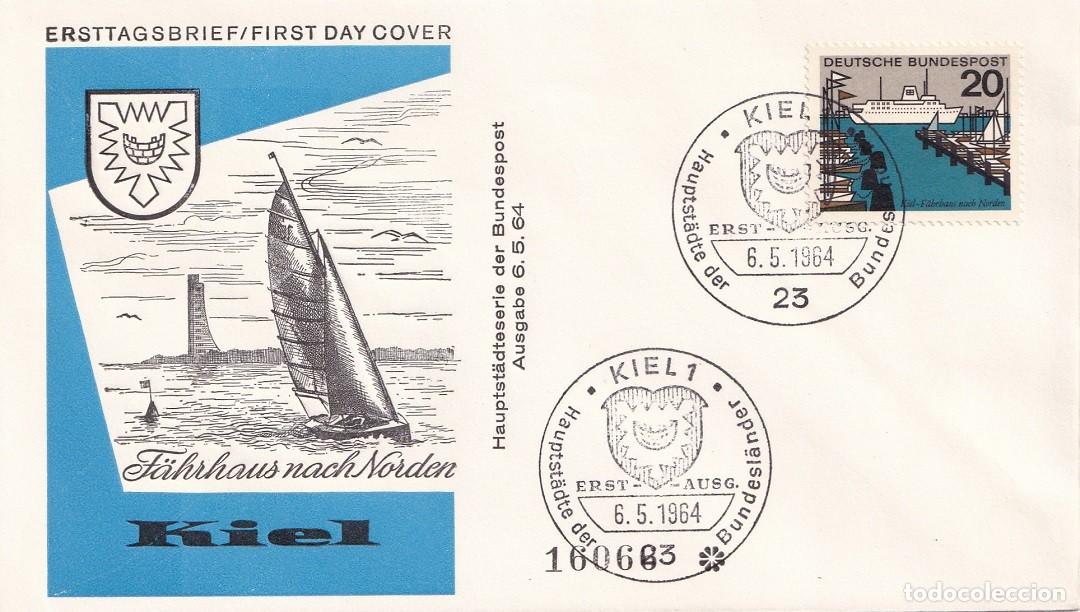 Timbres: FDC Kiel 1964 Alemania - Casa de ferries hacia el norte - Ciudades - Kiel - F&auml;hrhaus nach Norden