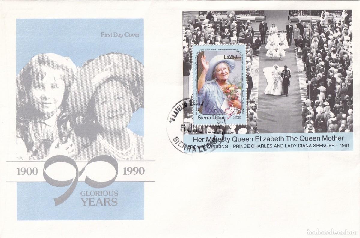 Selos: FDC 1990 Sierra Leona - 90 Cumplea&ntilde;os Reina Madre Isabel (Queen Mother) - Boda Lady Di y Carlos 1981