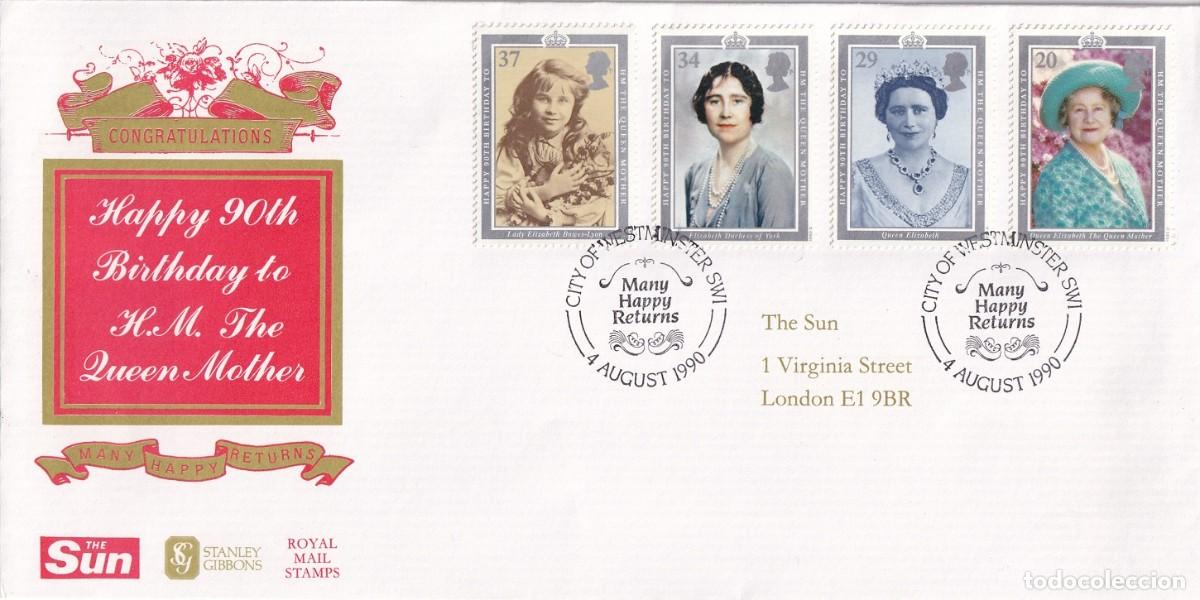 Selos: FDC 1990 Gran Breta&ntilde;a - 90 Cumplea&ntilde;os Reina Madre Isabel (Queen Mother) - The Sun & Stanley Gibbons