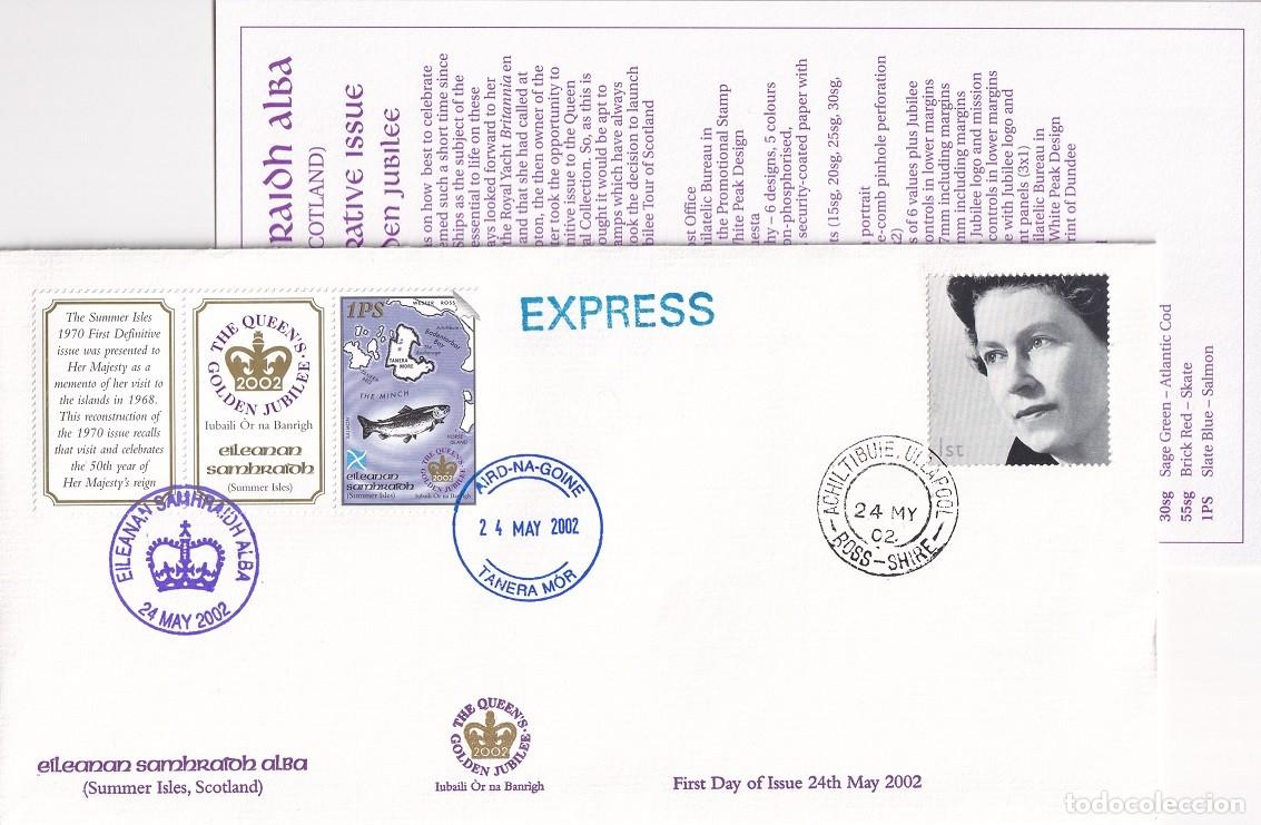 Sellos: FDC 2002 Escocia Summer Isles - Jubileo de Oro Reina Isabel II + Tarjeta explicativa / 50 An Reinado