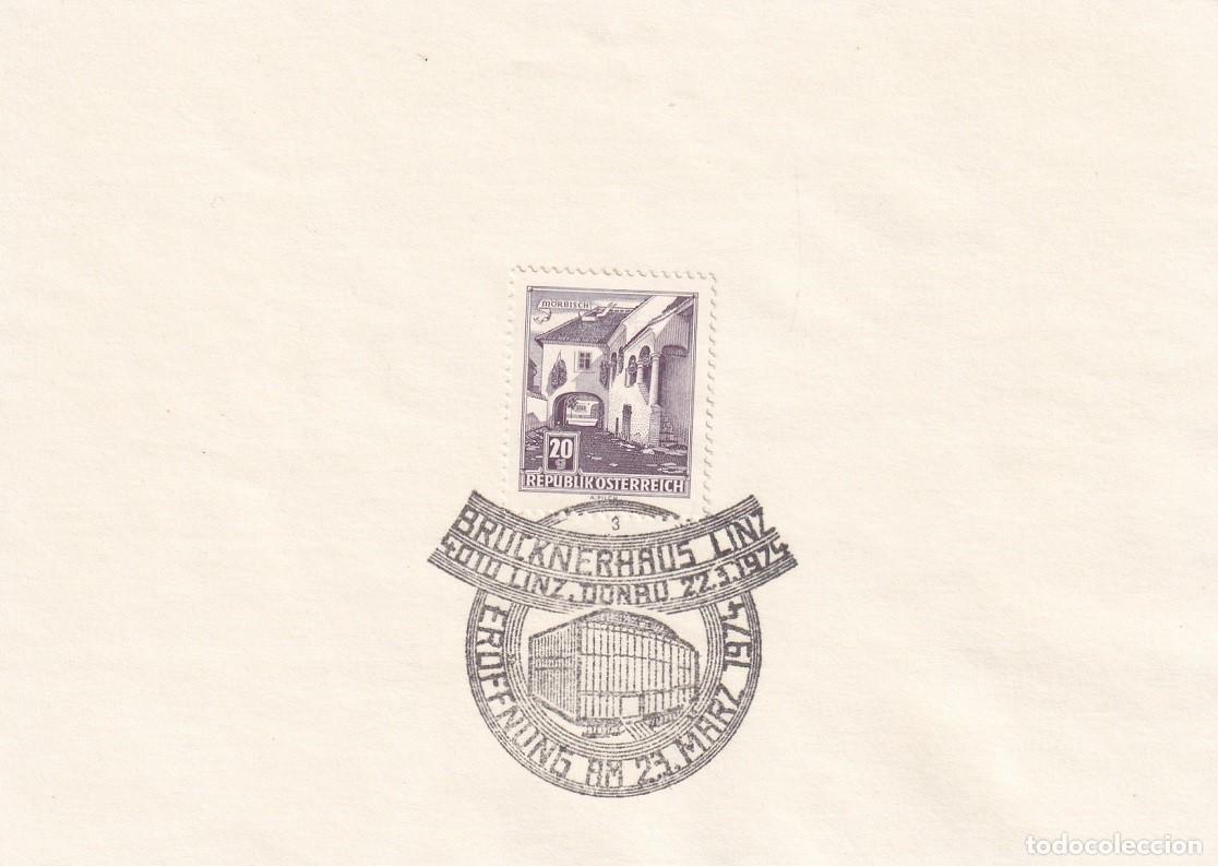 Sellos: Hojita Austria 1961 Granja de M&ouml;rbisch - Marcofilia 1974 - Inauguraci&oacute;n de Brucknerhaus de Linz