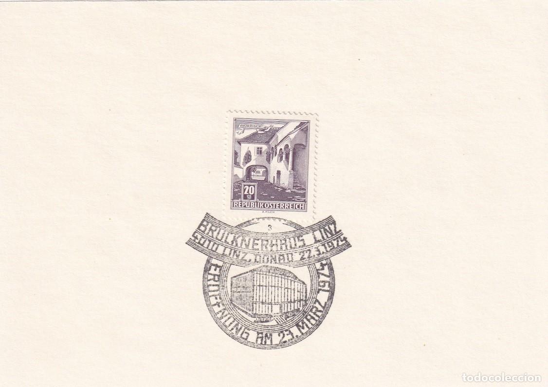 Selos: Hojita Austria 1961 Granja de M&ouml;rbisch - Marcofilia 1974 - Inauguraci&oacute;n de Brucknerhaus de Linz