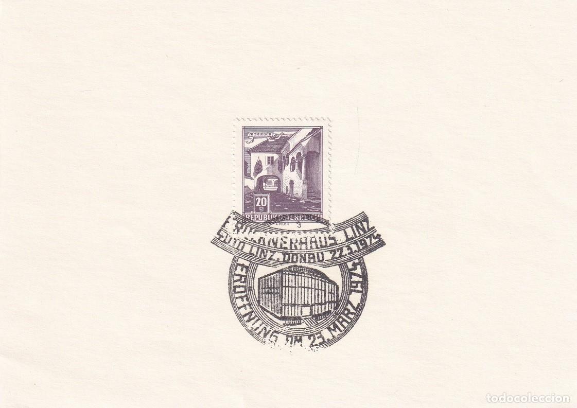 Selos: Hojita Austria 1961 Granja de M&ouml;rbisch - Marcofilia 1974 - Inauguraci&oacute;n de Brucknerhaus de Linz